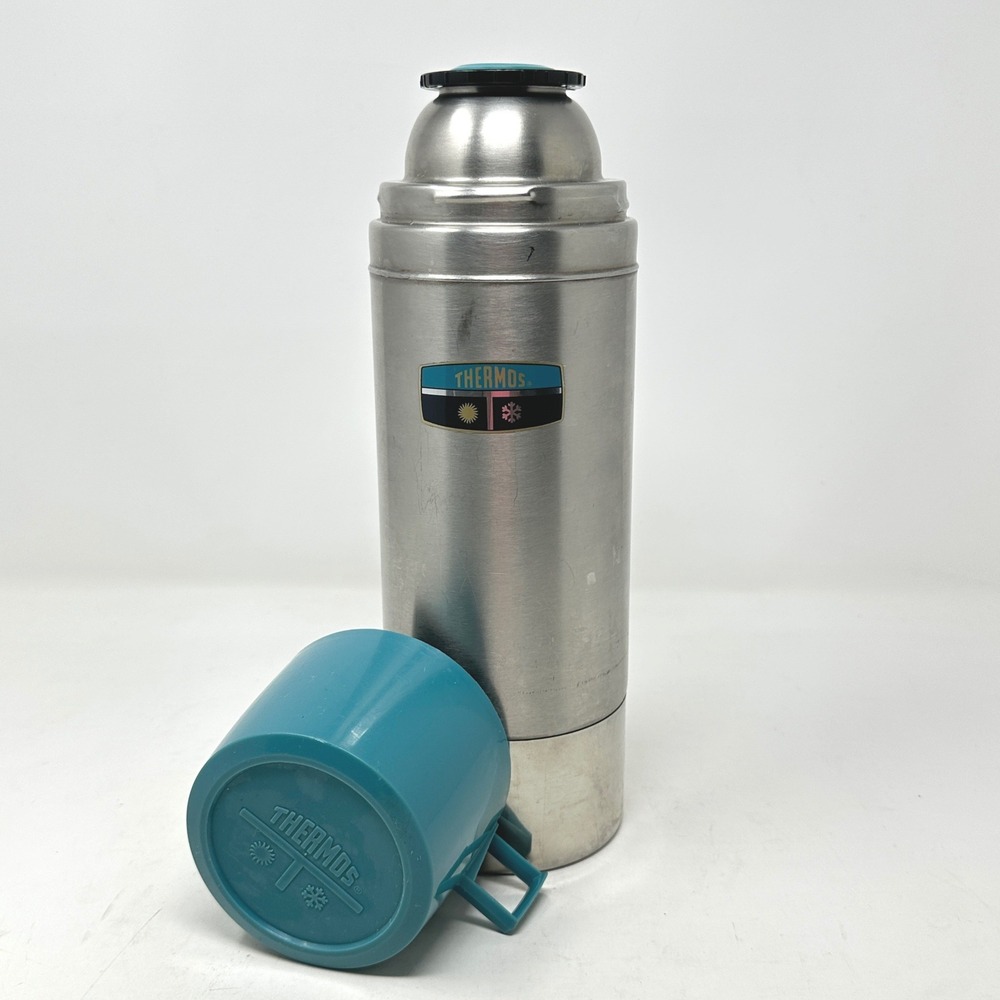 Vintage Thermos King-Seeley Stainless Steel Vacuum Flask Teal Cup Lid USA Made